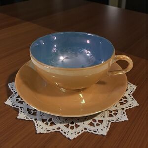 Peach Blue Lusterware Footed Tea Cup & Saucer Shofu Japan 1930s